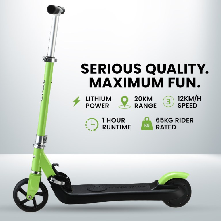 rovo kids electric scooter lithium ride on foldable e scooter 125w rechargeable, green Green electric scooter with specifications displayed.