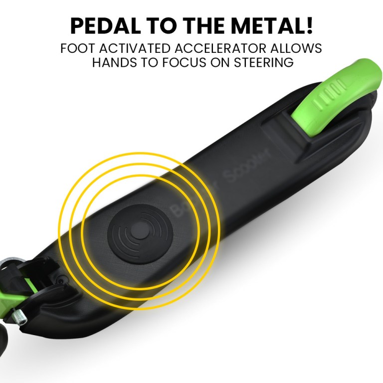 rovo kids electric scooter lithium ride on foldable e scooter 125w rechargeable, green Foot-activated accelerator for hands-free steering control.