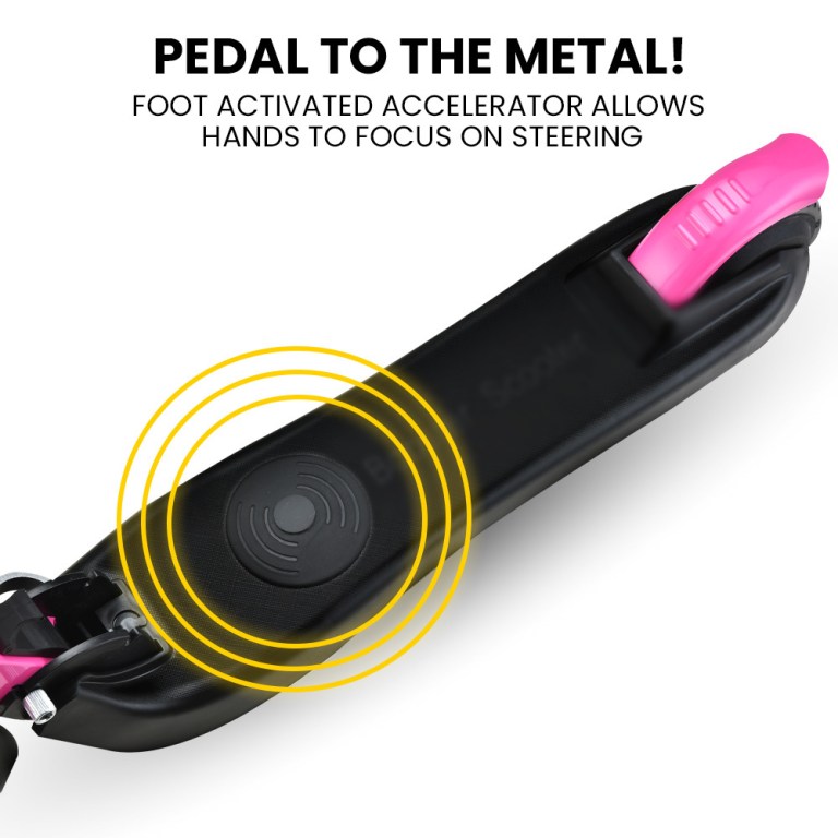 rovo kids electric scooter lithium ride on foldable e scooter 125w rechargeable, pink Foot-activated accelerator for hands-free steering focus.
