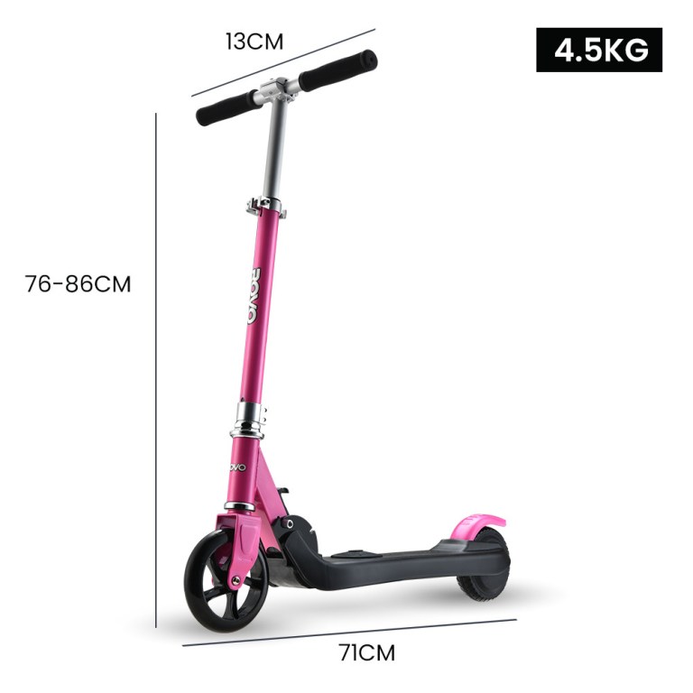 rovo kids electric scooter lithium ride on foldable e scooter 125w rechargeable, pink Pink adjustable scooter with dimensions and weight.