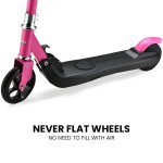 rovo kids electric scooter lithium ride on foldable e scooter 125w rechargeable, pink Pink scooter with non-flat airless wheels.