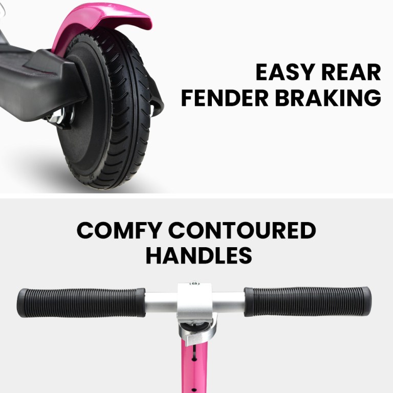 rovo kids electric scooter lithium ride on foldable e scooter 125w rechargeable, pink Scooter with rear brake, comfy handles.
