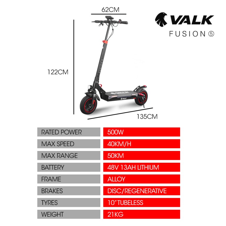 VALK Fusion e-scooter specifications and dimensions overview.