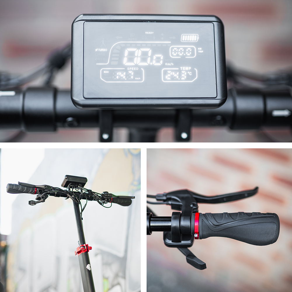 Electric scooter handlebars and digital display close-up.