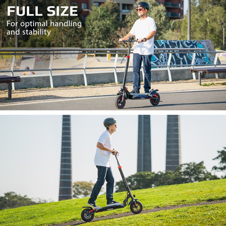 Person riding electric scooter for handling and stability.