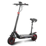 Electric scooter with seat, black and red design