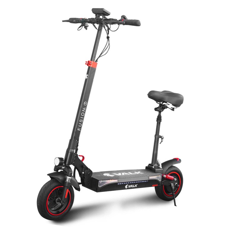 Electric scooter with seat, black and red design