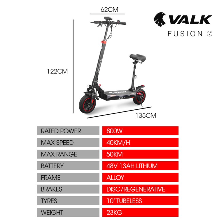 Valk Fusion 7 electric scooter specs and dimensions.