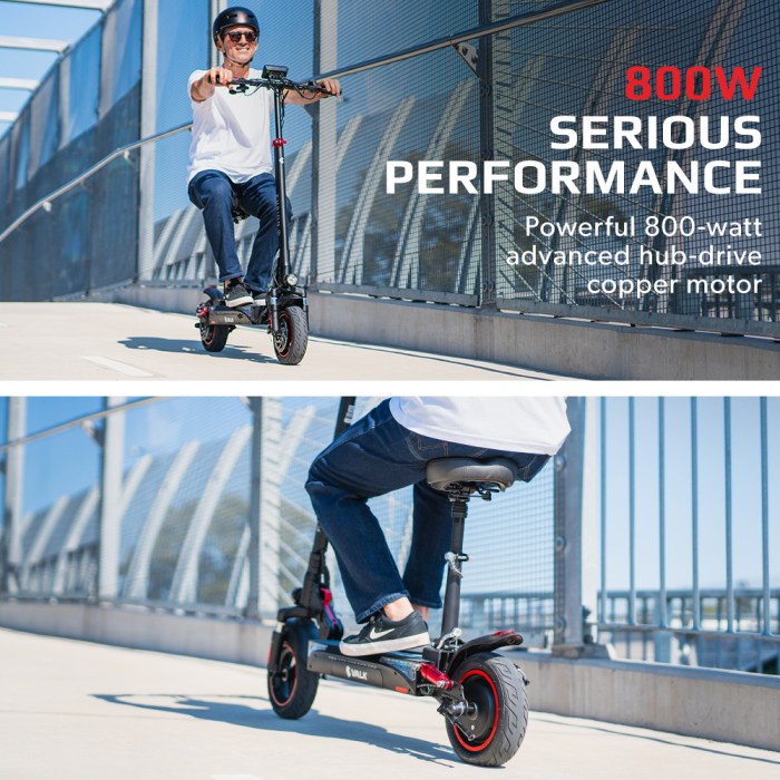 valk fusion 7 electric scooter with seat option 800w 48v 13ah lithium 50km range quad shocks 10 inch tyres Person riding powerful 800W electric scooter on bridge.