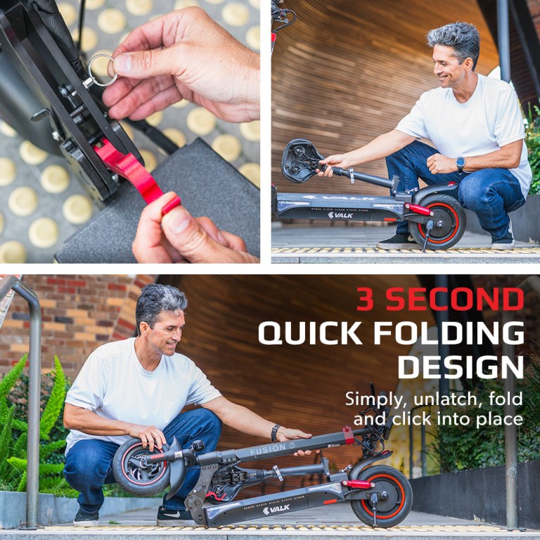 Man folding electric scooter easily in 3 seconds.