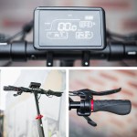 Electric scooter dashboard and handlebars close-up.