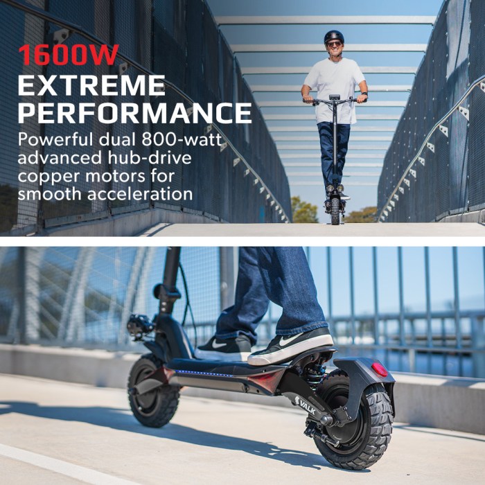 valk primal 9 dual motor 1600w extreme hill climbing e scooter electric, black Person riding powerful electric scooter on bridge.