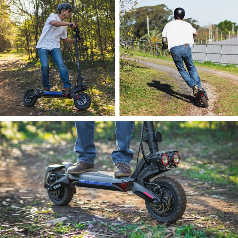 valk primal 9 dual motor 1600w extreme hill climbing e scooter electric, black Man riding an electric scooter off-road.