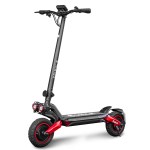 Red and black electric scooter on white background.