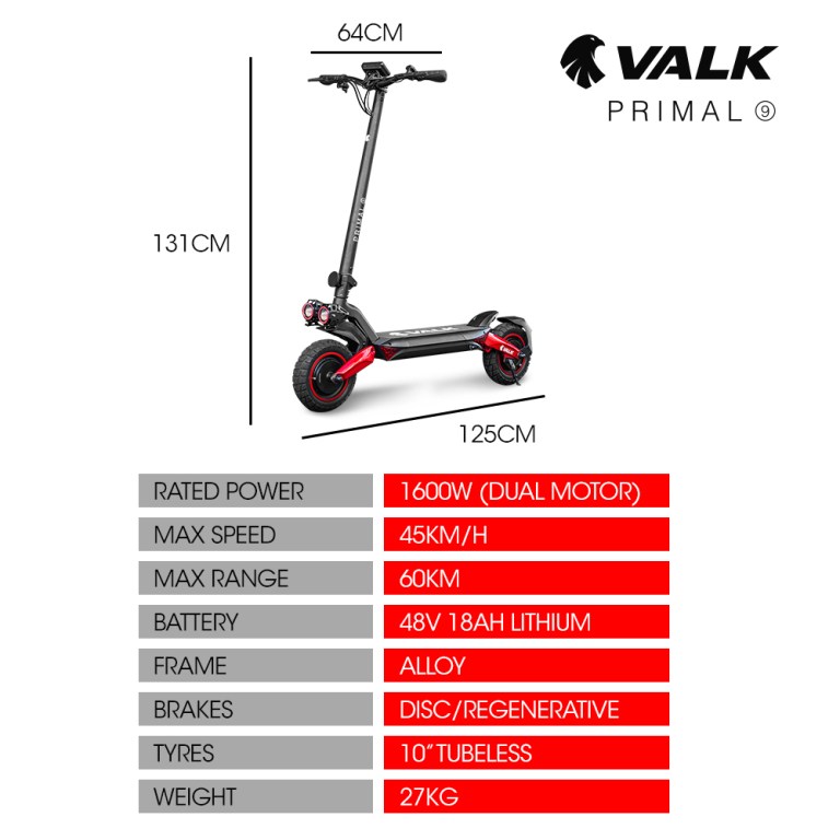 VALK Primal electric scooter specifications and dimensions.