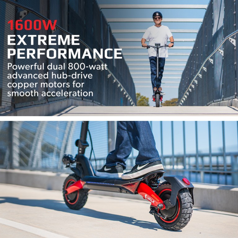 Rider on high-performance electric scooter over bridge.