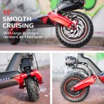 Electric scooter with red wheels and puncture-resistant tyres.