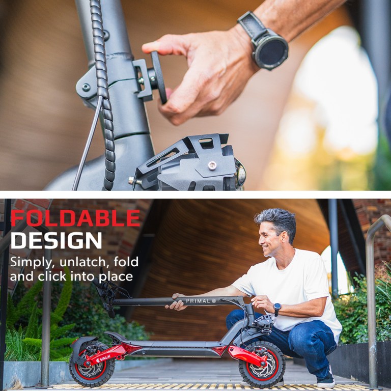 Man folding electric scooter for easy transport.
