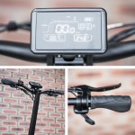 Electric scooter dashboard and handlebars close-up.