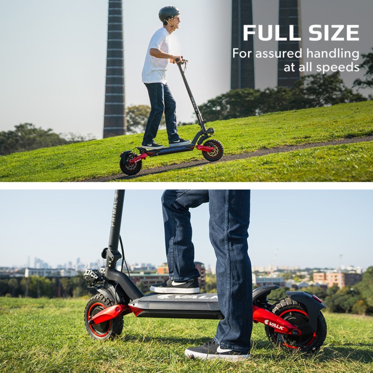 Rider on electric scooter in park.