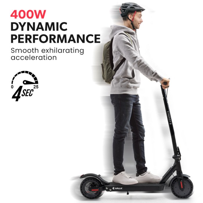 valk 400w electric scooter, 37v folding e scooter with suspension, for adults, synergy 5 mkii black Man riding VALK electric scooter with 400W power.