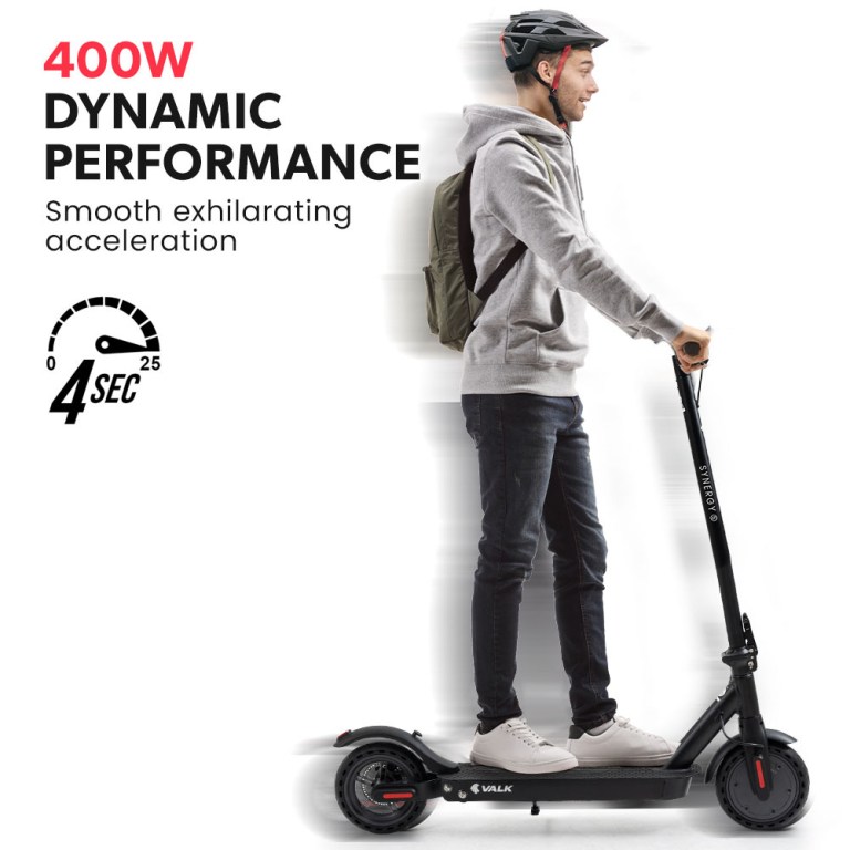 valk 400w electric scooter, 37v folding e scooter with suspension, for adults, synergy 5 mkii black Man riding VALK electric scooter with 400W power.