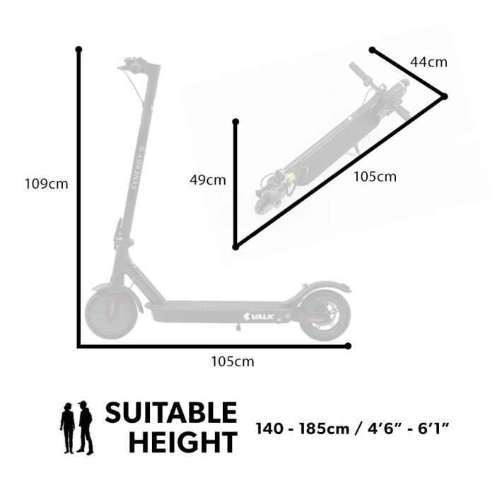 valk 400w electric scooter, 37v folding e scooter with suspension, for adults, synergy 5 mkii black Electric scooter dimensions and suitable height range.