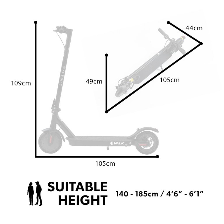 valk 400w electric scooter, 37v folding e scooter with suspension, for adults, synergy 5 mkii black Electric scooter dimensions and suitable height range.