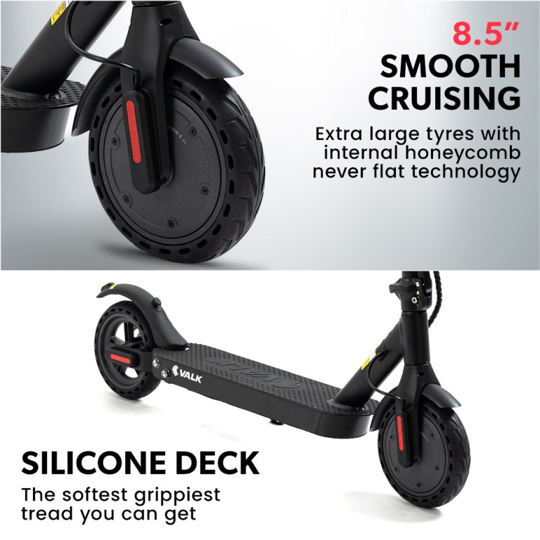 valk 400w electric scooter, 37v folding e scooter with suspension, for adults, synergy 5 mkii black Electric scooter with honeycomb tyres and silicone deck.