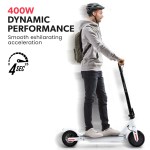 valk 400w electric scooter, with suspension for adults portable folding ride on,synergy 5 mkii white Man riding electric scooter wears helmet and backpack.