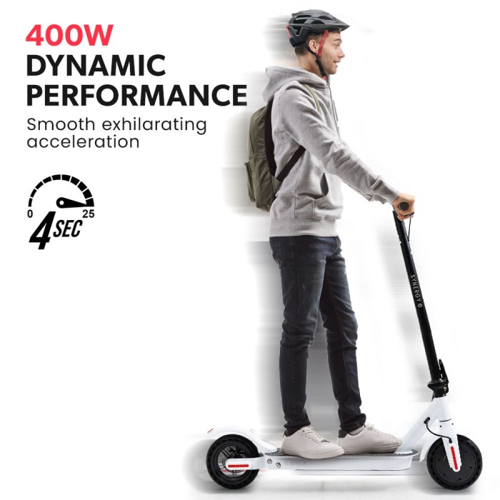 valk 400w electric scooter, with suspension for adults portable folding ride on,synergy 5 mkii white Man riding electric scooter wears helmet and backpack.