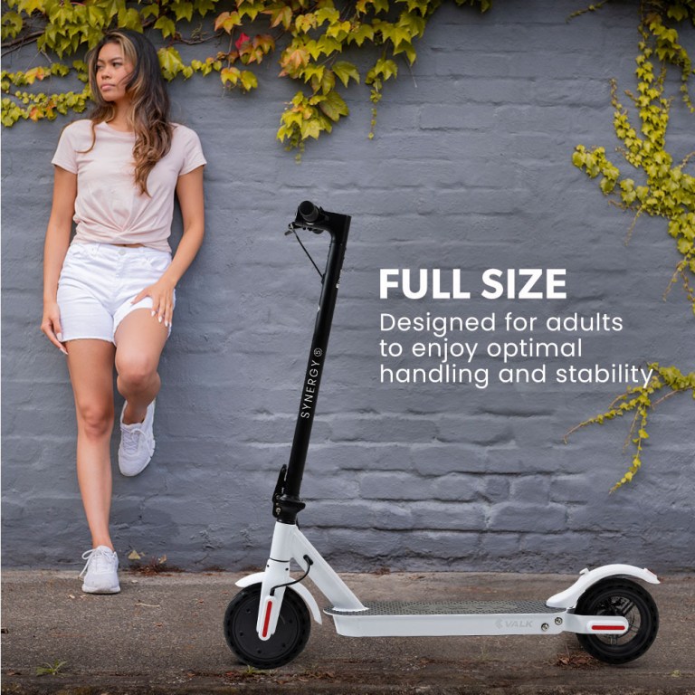 valk 400w electric scooter, with suspension for adults portable folding ride on,synergy 5 mkii white Woman with electric scooter, full size for adults.