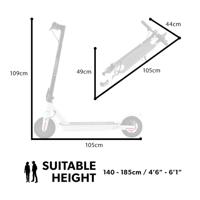 valk 400w electric scooter, with suspension for adults portable folding ride on,synergy 5 mkii white Electric scooter dimensions and suitable height range.