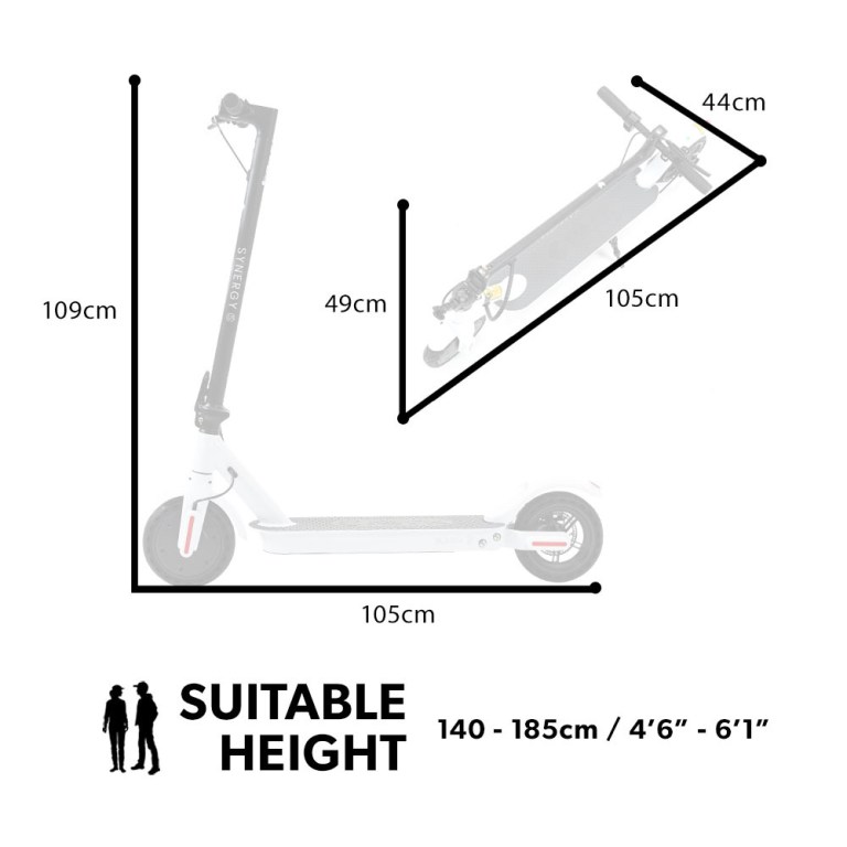valk 400w electric scooter, with suspension for adults portable folding ride on,synergy 5 mkii white Electric scooter dimensions and suitable height range.