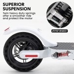 valk 400w electric scooter, with suspension for adults portable folding ride on,synergy 5 mkii white Electric scooter with superior suspension system close-up.