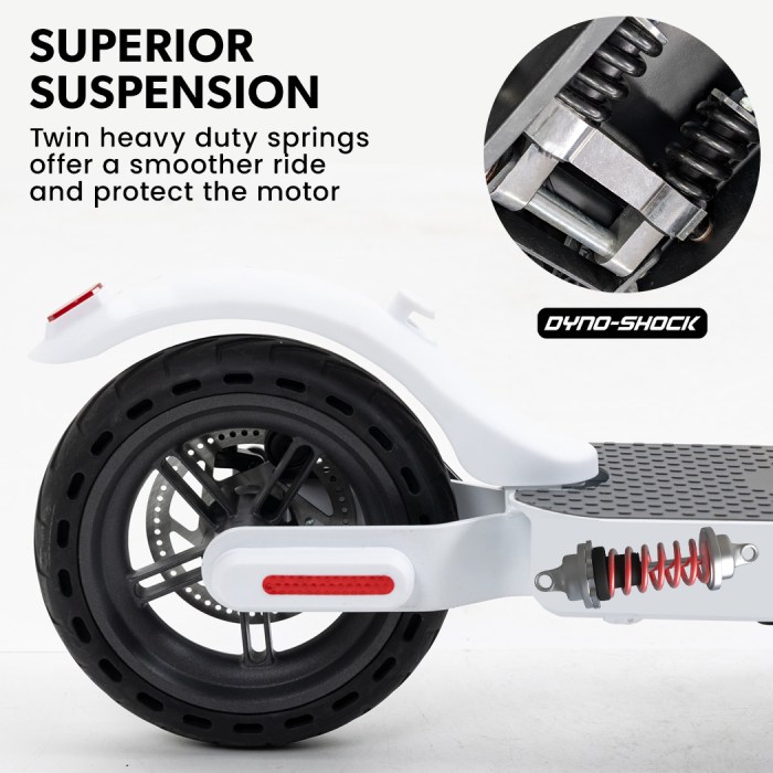 valk 400w electric scooter, with suspension for adults portable folding ride on,synergy 5 mkii white Electric scooter with superior suspension system close-up.