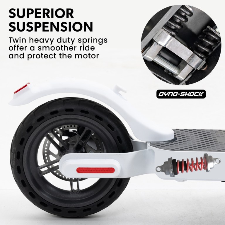 valk 400w electric scooter, with suspension for adults portable folding ride on,synergy 5 mkii white Electric scooter with superior suspension system close-up.