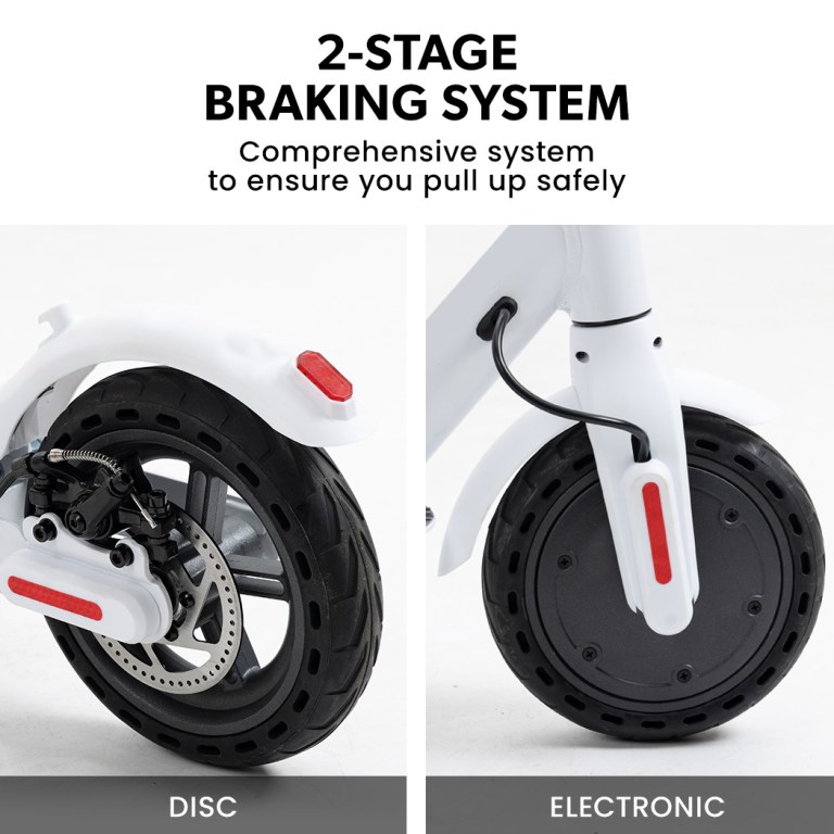 valk 400w electric scooter, with suspension for adults portable folding ride on,synergy 5 mkii white Two-stage braking system: disc and electronic brakes.