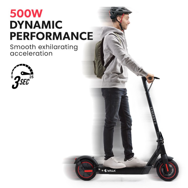 Person riding electric scooter with 500W power.