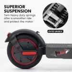 E-scooter with superior suspension and heavy-duty springs.