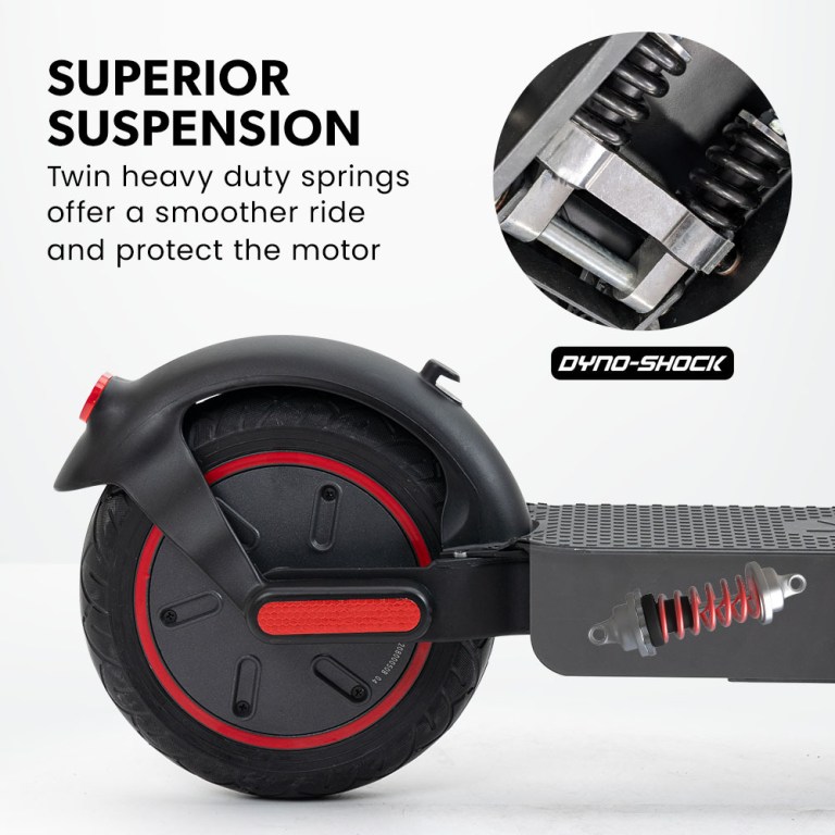 E-scooter with superior suspension and heavy-duty springs.