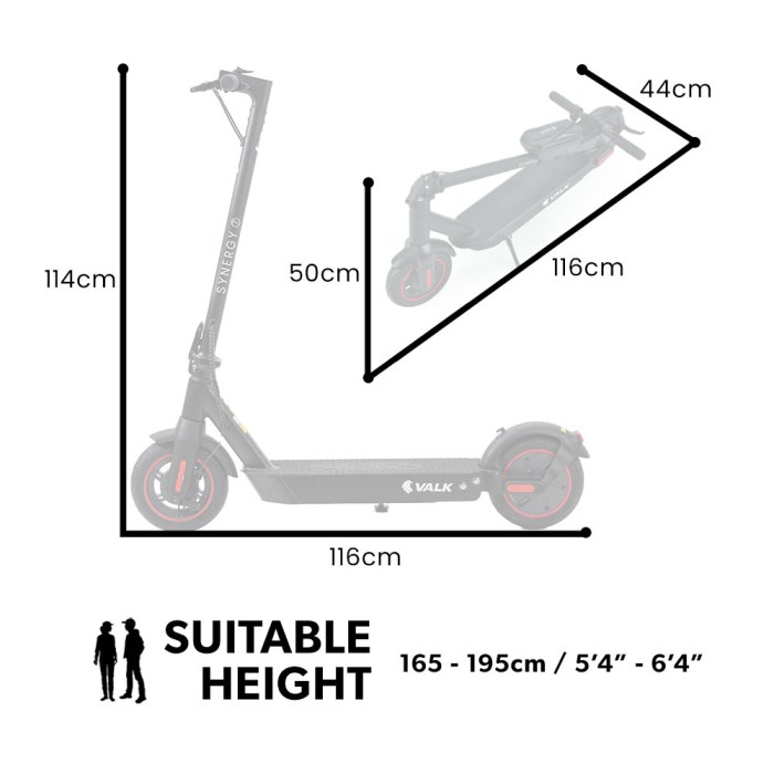 valk synergy 7 mkii 500w electric scooter 37v 15ah battery foldable e scooter adult ride on VALK Synergy e-scooter dimensions and suitable height range.