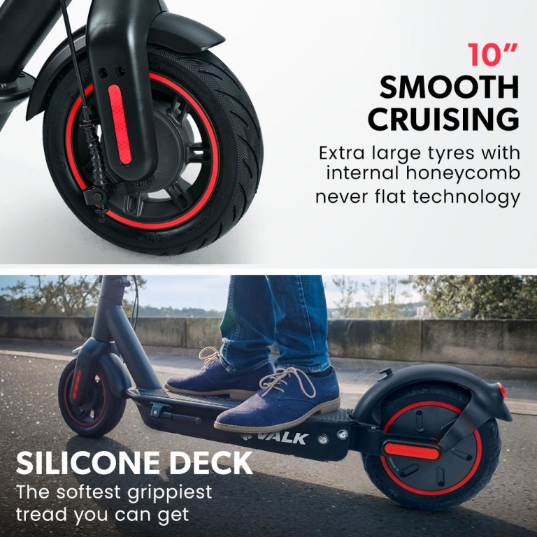 Electric scooter with honeycomb tyres and silicone deck.