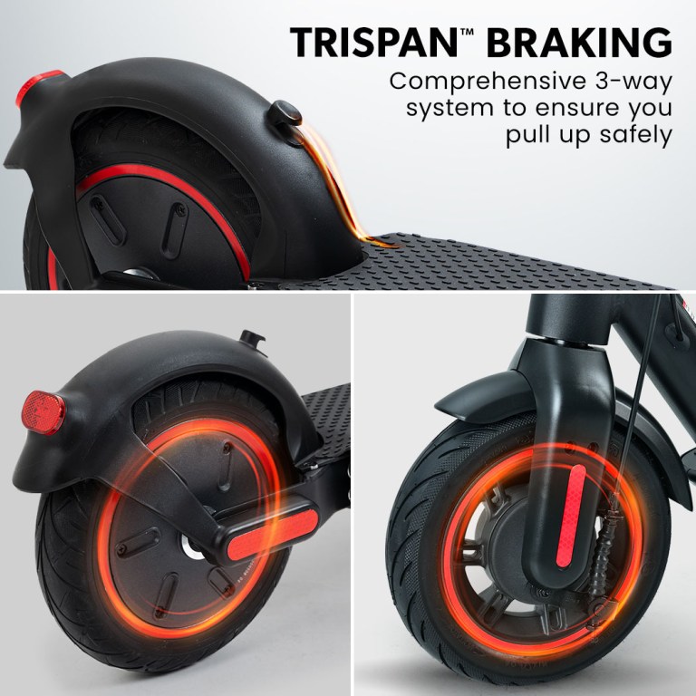 Electric scooter with TRISPAN braking system.