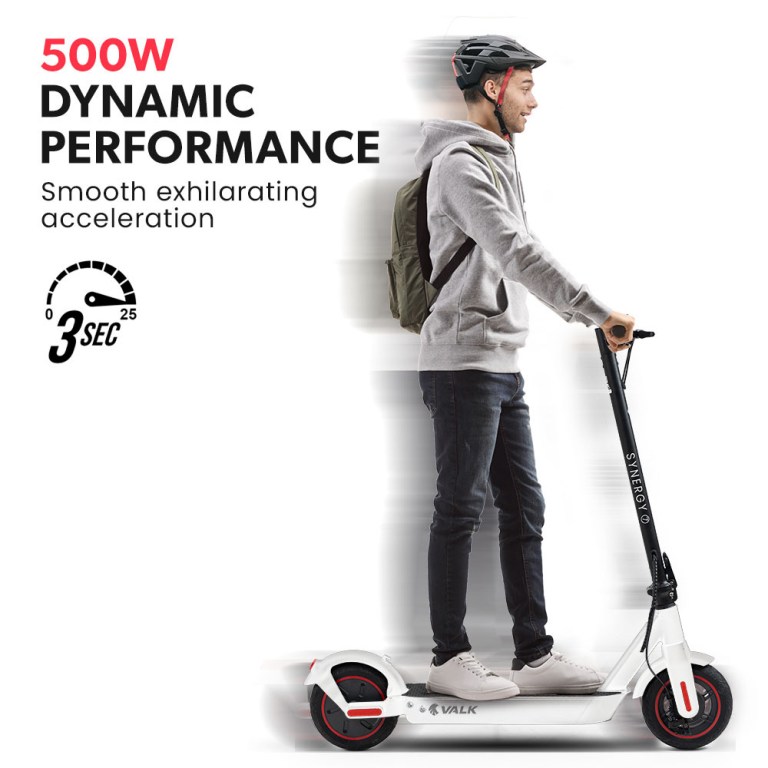 valk synergy 7 mkii electric scooter 500w 15ah, motorised escooter for adults, white Person rides electric scooter with dynamic performance.