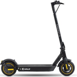 Black electric scooter with yellow wheel accents