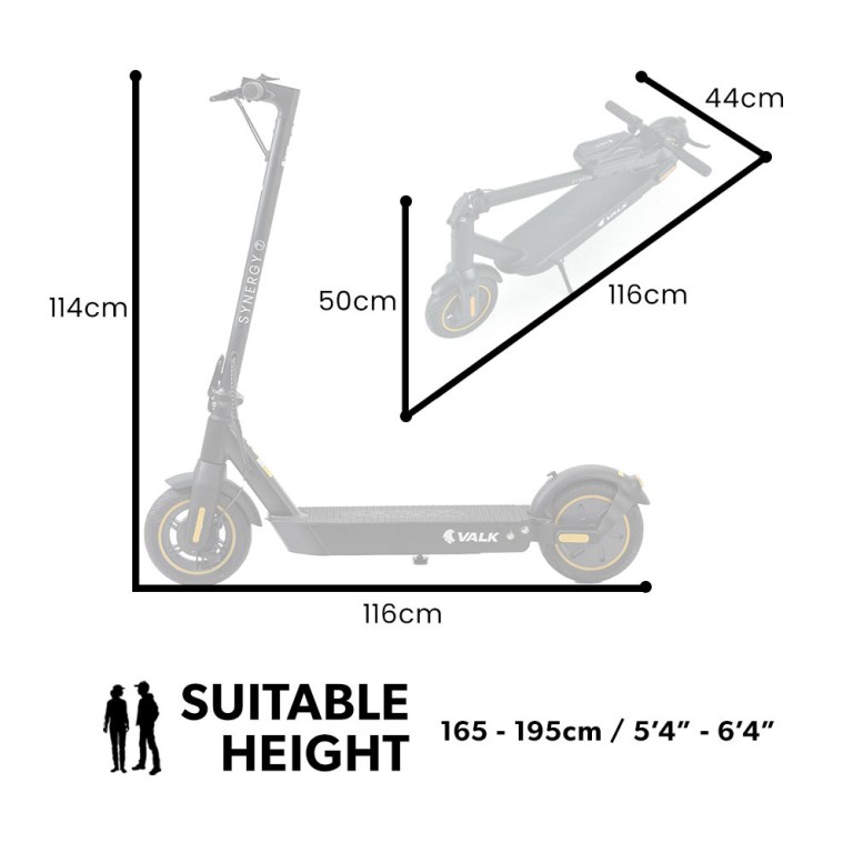 valk synergy 7 mkii 500w electric scooter 15ah 37v battery foldable e scooter adult ride on Electric scooter dimensions and suitable rider height.
