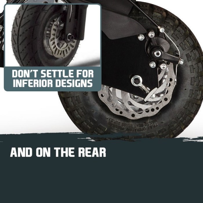 bullet stealth 1 6 1000w electric scooter 48v turbo w/ led for adult/child Close-up of rugged bike tyre and brake disc.