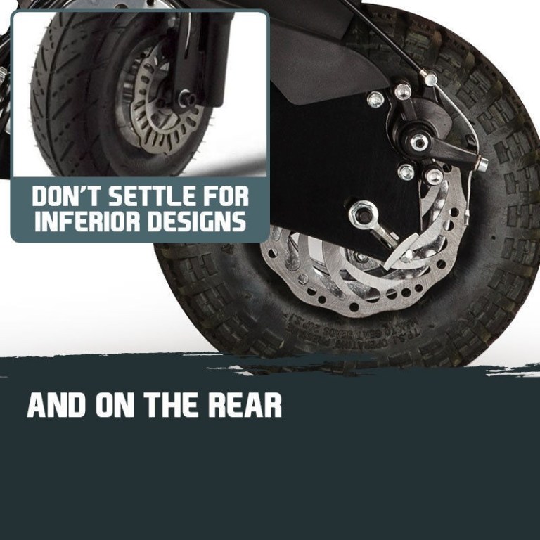 bullet stealth 1 6 1000w electric scooter 48v turbo w/ led for adult/child Close-up of rugged bike tyre and brake disc.