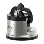 kitchen knife sharpener suction grip for knives blades scissors sharpening tools Silver and black knife sharpener with handle.